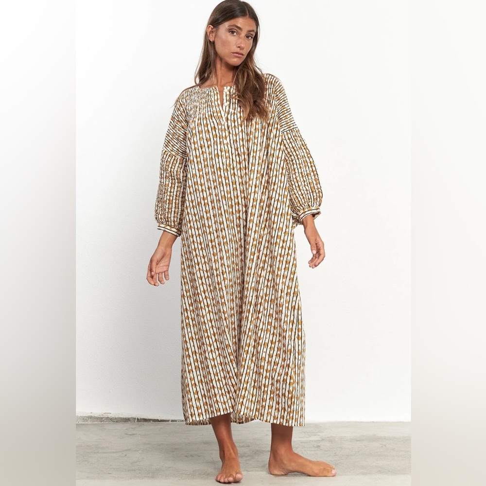 Boho Maxi Dress in White & Tan